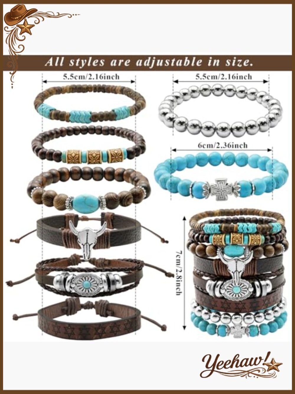 8 Pcs Stack Western Bracelets Set Turquoise Beaded Concho Bangle Cowboy Chic - Picture 2 of 7